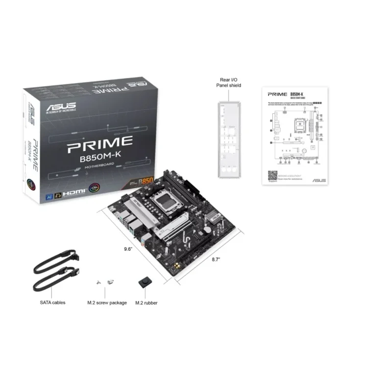 The complete accessory kit for the ASUS PRIME B850M-K: I/O Shield, SATA cables, and M.2 screws.