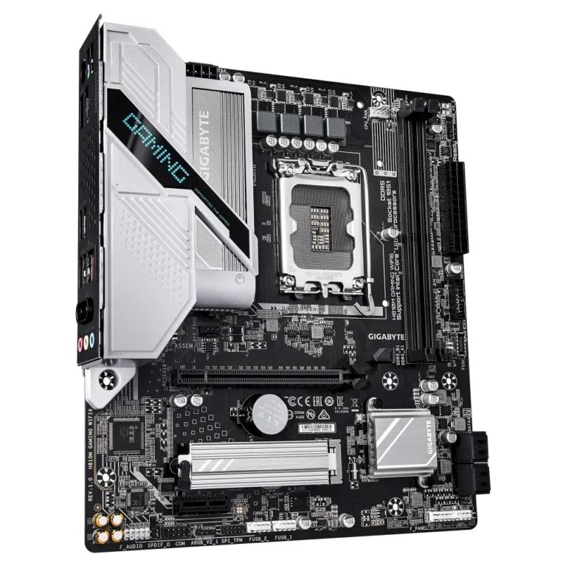 Angled view of the GIGABYTE H810M GAMING WIFI6 motherboard showing the gaming aesthetics.