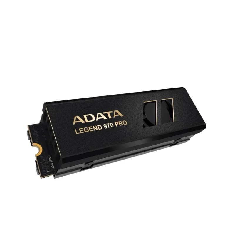 An angled shot of the ADATA LEGEND 970 PRO 2TB M.2 NVMe SSD, highlighting its dual-layer aluminium fins and micro fan.