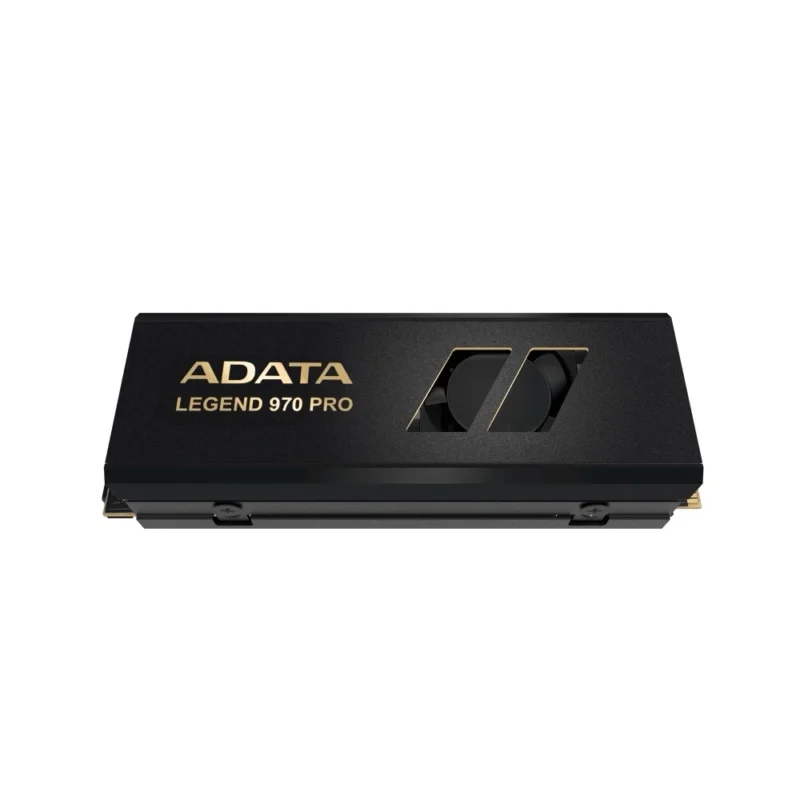 A three-quarter angle view of the ADATA LEGEND 970 PRO 2TB internal SSD, showing the top label and active cooler branding.