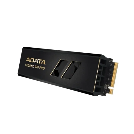 The ADATA LEGEND 970 PRO 2TB internal SSD standing upright on its side, angled to the right to showcase its cooling profile.