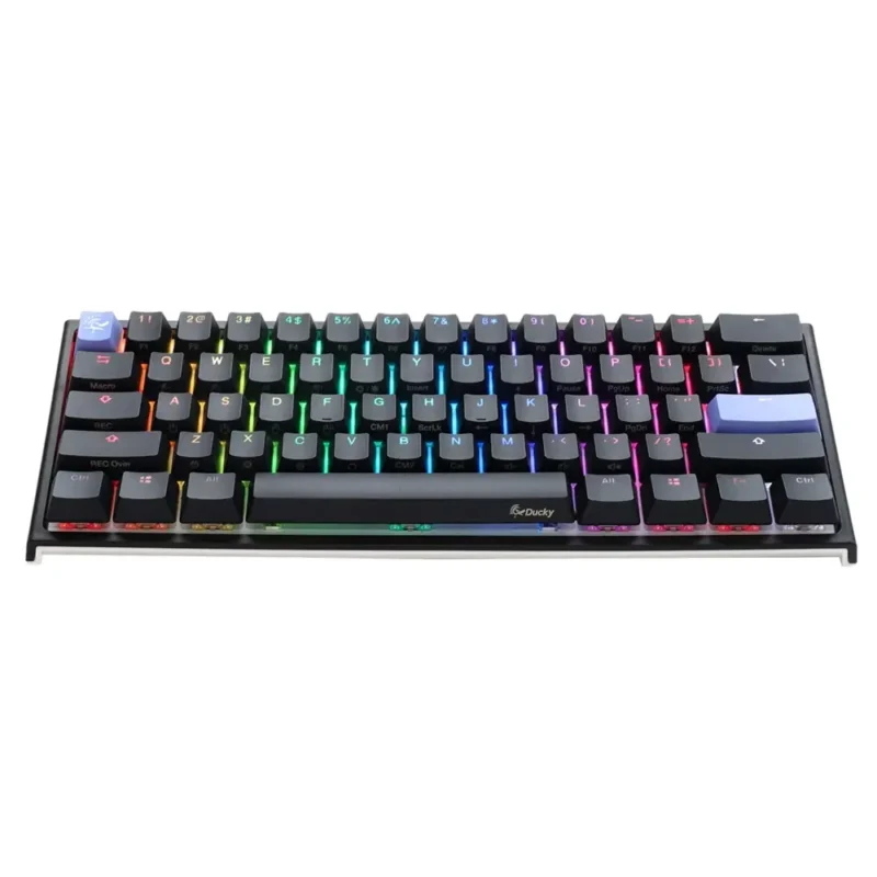 The classic front three-quarter angle view of the Ducky One 2 Pro Mini gaming keyboard.