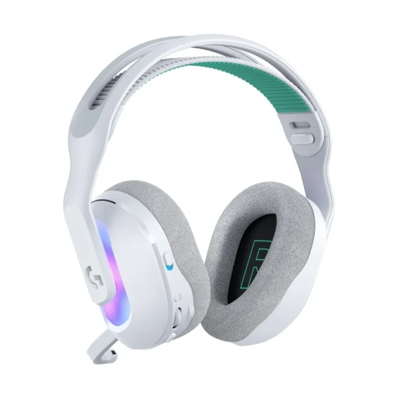 A dynamic view of the Logitech G522 LIGHTSPEED from the front-left, highlighting its lightweight suspension band and pristine White finish.