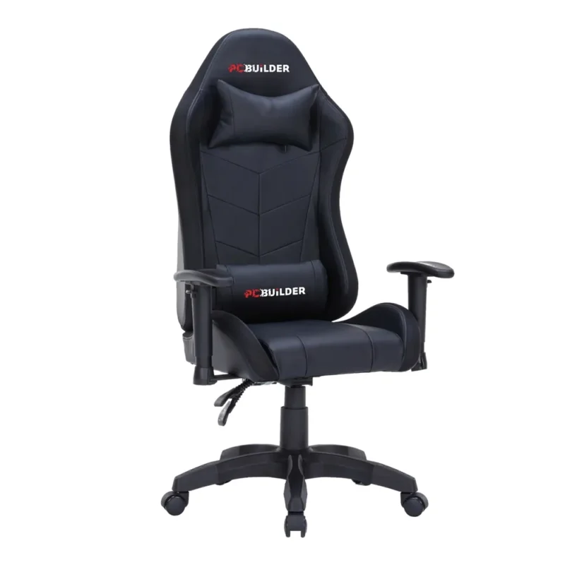 A three-quarter hero shot of the PCBuilder Navigator Lite gaming chair from the left, showcasing its racing-style seat and sleek black design.
