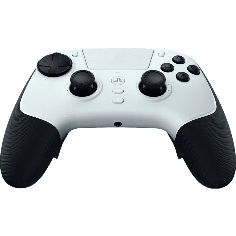 A low-angle, bottom-up hero shot of the Razer Raiju V3 Pro gaming controller, emphasizing the textured rubberised grips and the front layout.