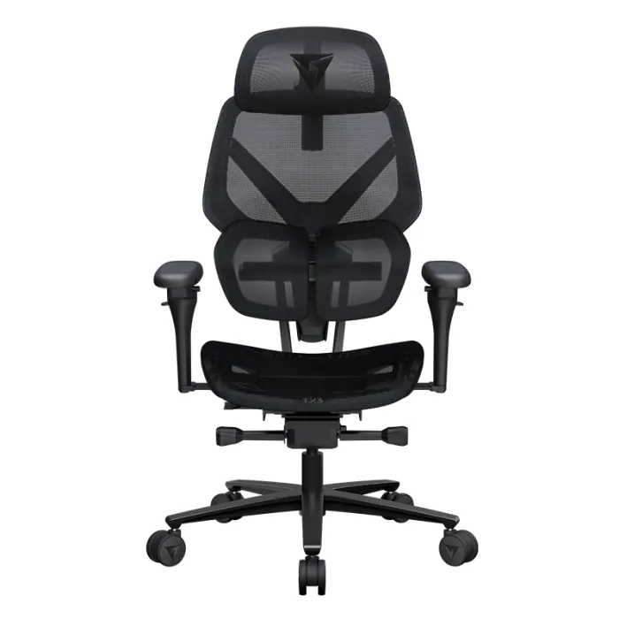 A straight-on front view of the ThunderX3 Flex Pro ergonomic chair, showing the 4D adjustable headrest and wide mesh backrest.