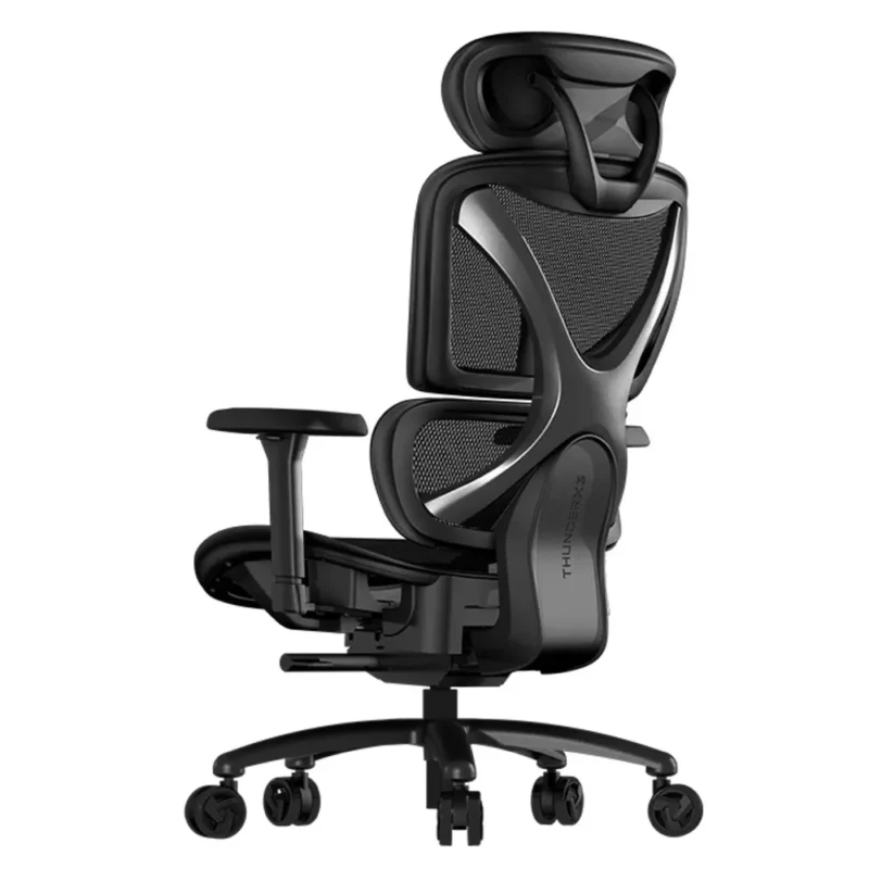A picture of the back of the ThunderX3 XTC Pro 360 office chair, showcasing the sturdy nylon frame and expanding lumbar mechanics.