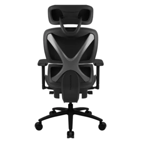 picture of the back of the ThunderX3 XTC chair, showcasing the robust nylon X-frame and self-adjusting mechanics.
