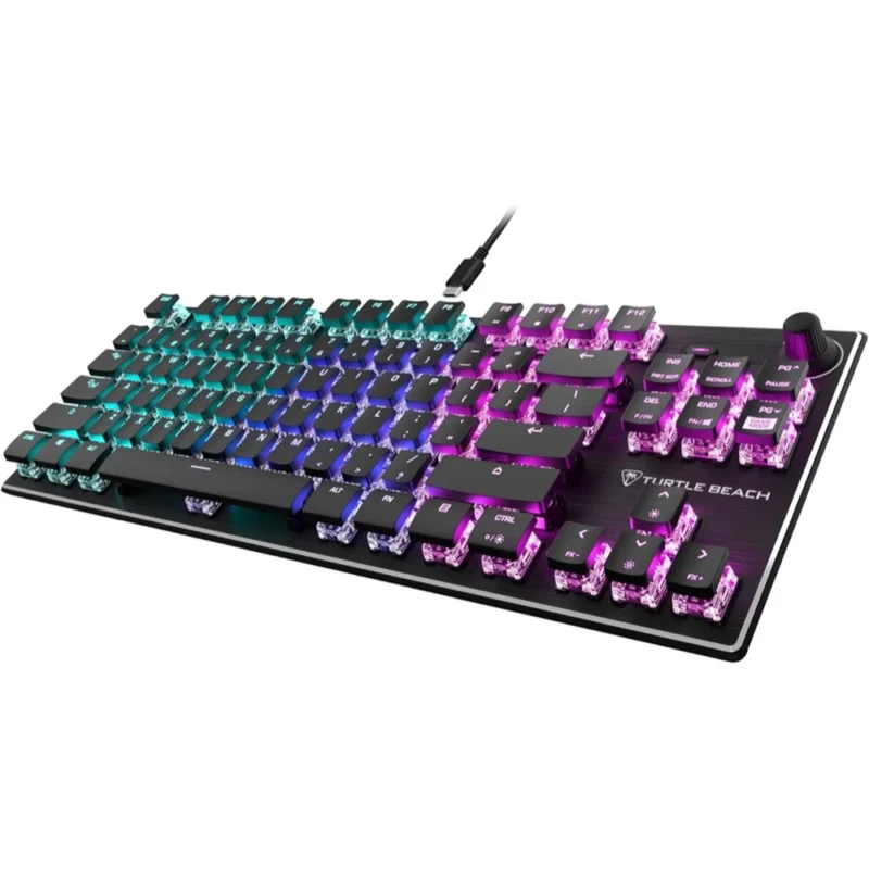 Hero shot of the Turtle Beach Vulcan TKL taken from the right, providing a clear view of the mixer-style media controls.