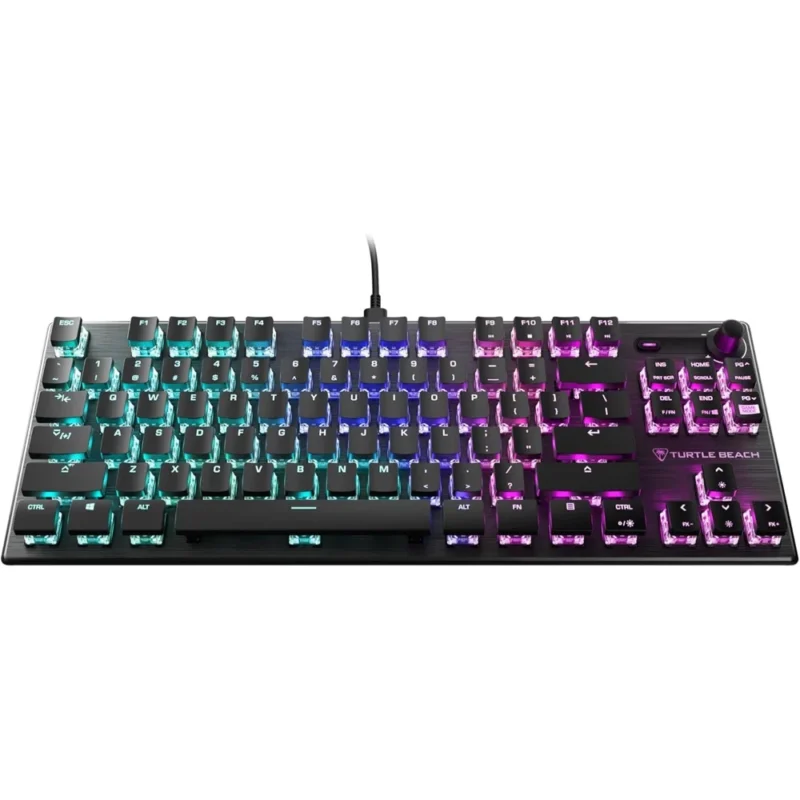 The classic front three-quarter angle view of the Turtle Beach Vulcan TKL gaming keyboard.