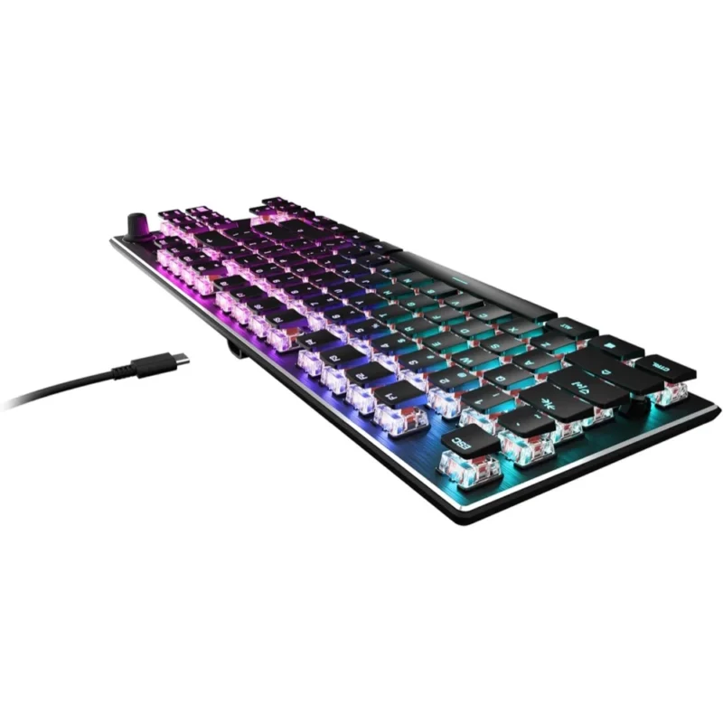 The classic back three-quarter angle view of the Turtle Beach Vulcan TKL gaming keyboard.