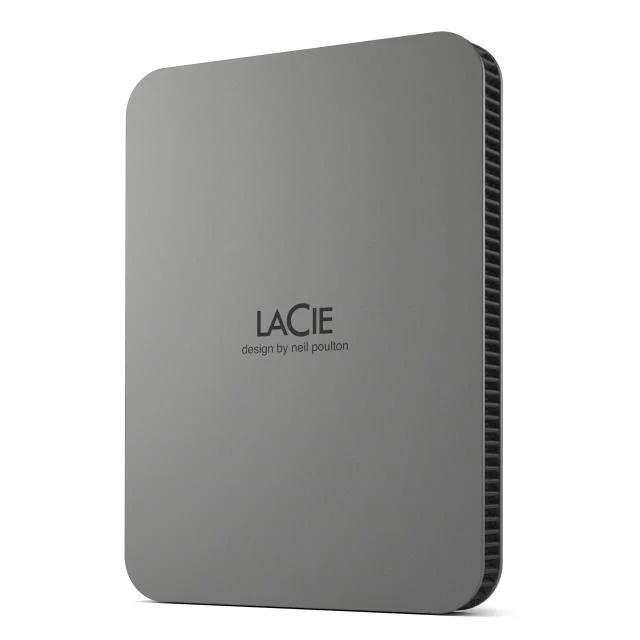 A front-right angled view of the LaCie Mobile Drive Secure 2TB, showing both the front face and right side.