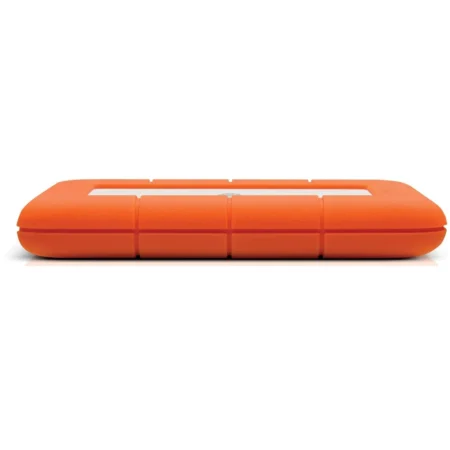 A direct side profile of the LaCie Rugged Mini 2TB external hard drive, detailing its thinness for portability.