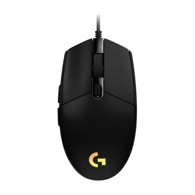 logitech-g102-lightsync-black-910-005823-top-view-01 A straight top-down view of the Logitech G102 LIGHTSYNC gaming mouse, showcasing its classic, symmetrical black shape.
