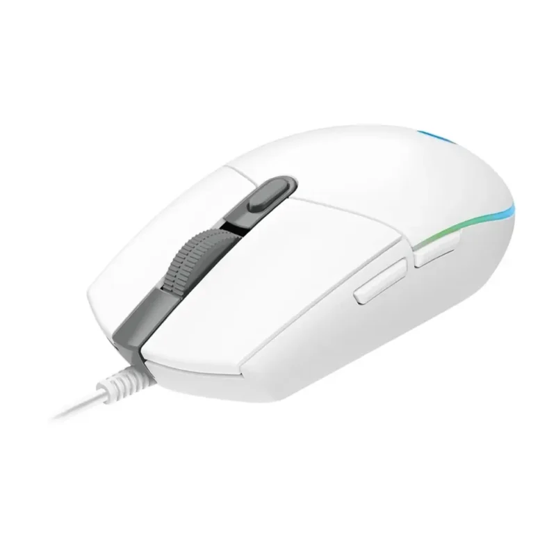 A dynamic shot from the front-left of the Logitech G102 LIGHTSYNC, focusing on the primary metal spring tensioned click buttons.