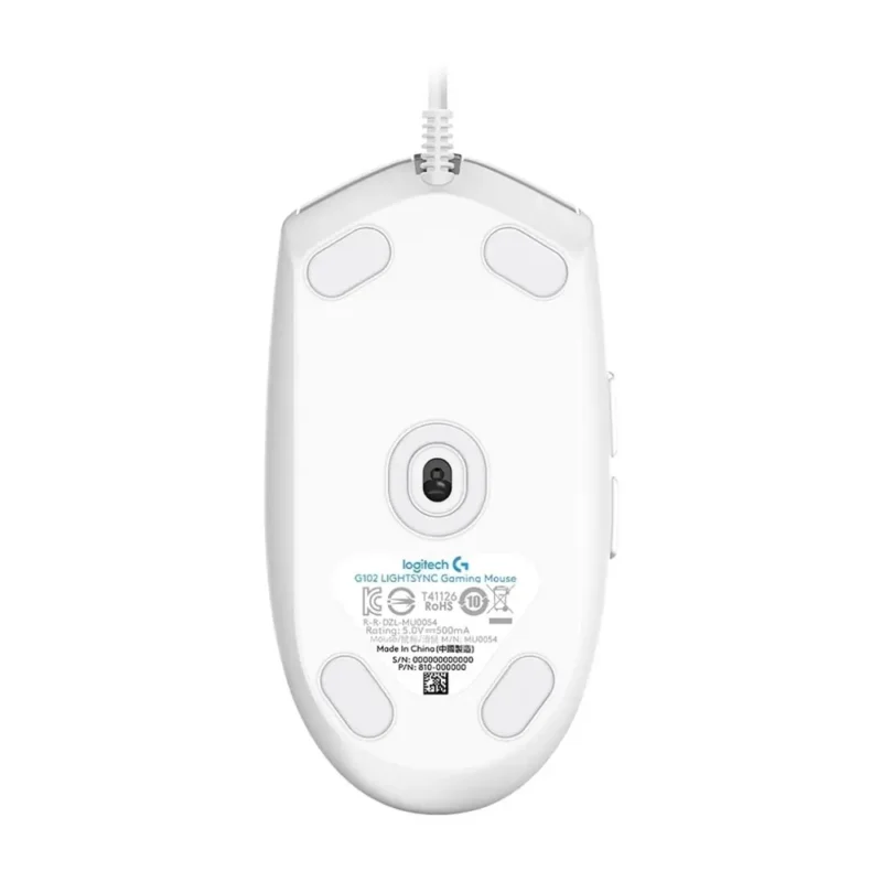 The underside of the Logitech G102 LIGHTSYNC, showing the 8,000 DPI gaming-grade optical sensor and smooth glide pads.