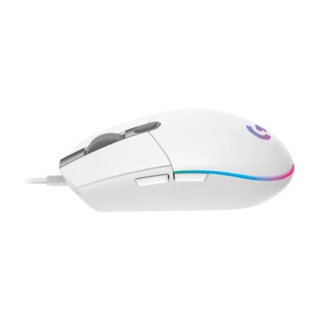 A straight-on view of the left side of the Logitech G102 LIGHTSYNC, detailing the placement of the tactile forward and back side buttons.