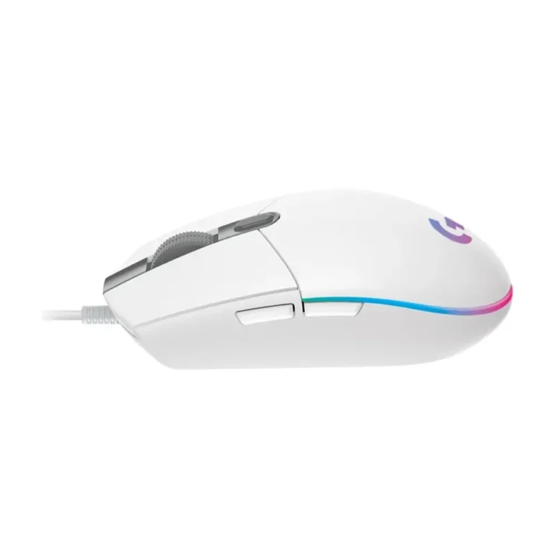 A straight-on view of the left side of the Logitech G102 LIGHTSYNC, detailing the placement of the tactile forward and back side buttons.