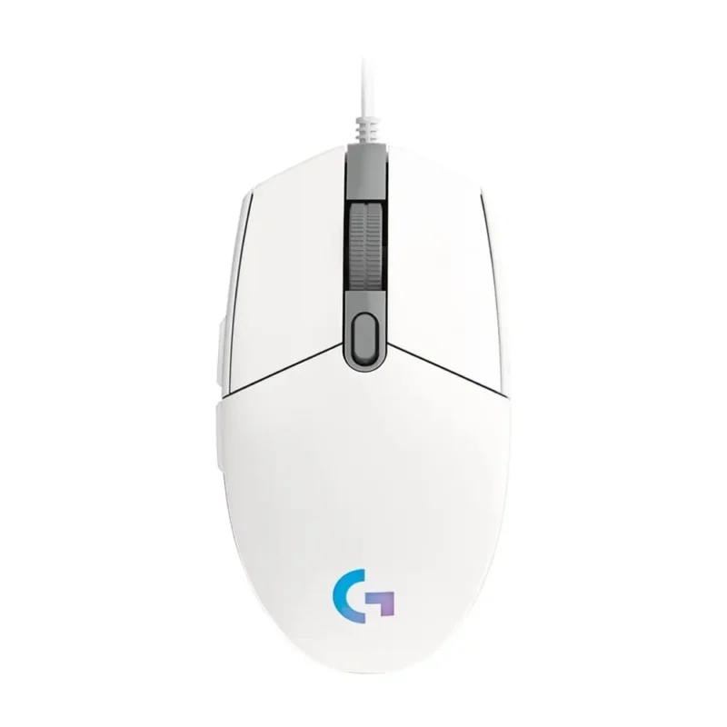 logitech-g102-lightsync-white-910-005824-top-view-01 A straight top-down view of the Logitech G102 LIGHTSYNC gaming mouse, showcasing its classic, symmetrical white shape.