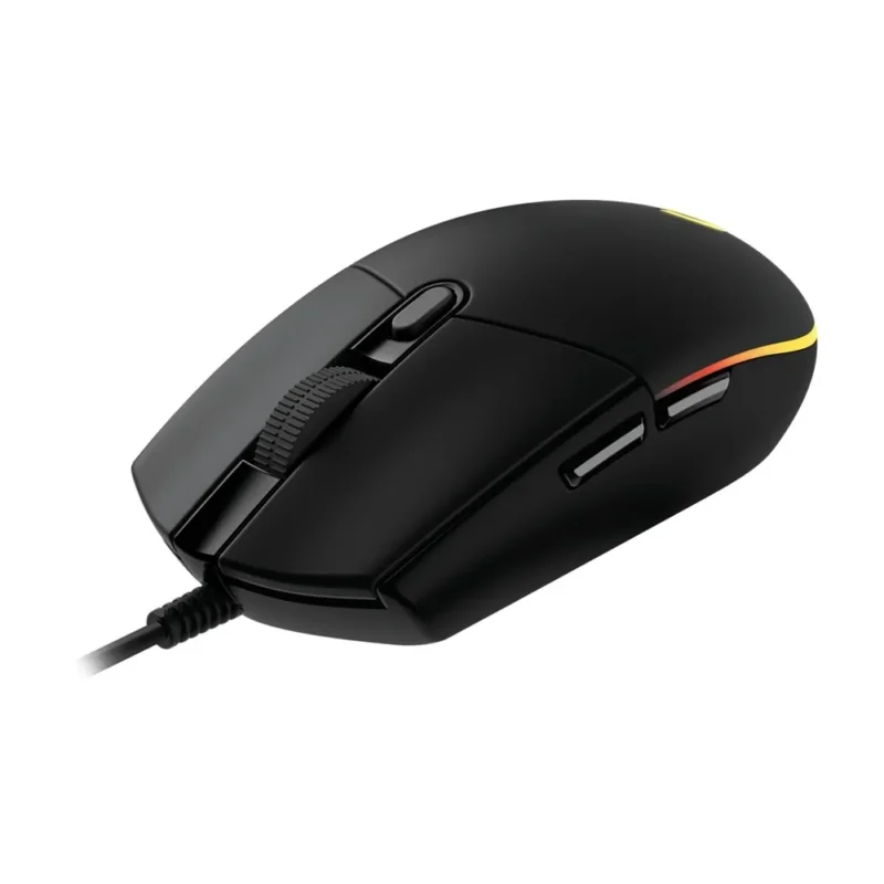 A dynamic shot from the front-left of the Logitech G203 LIGHTSYNC, focusing on the primary mechanical spring tensioned click buttons.