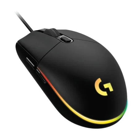 An angled view shot from behind to the left of the Logitech G203 LIGHTSYNC, showcasing the dual left-side programmable thumb buttons.