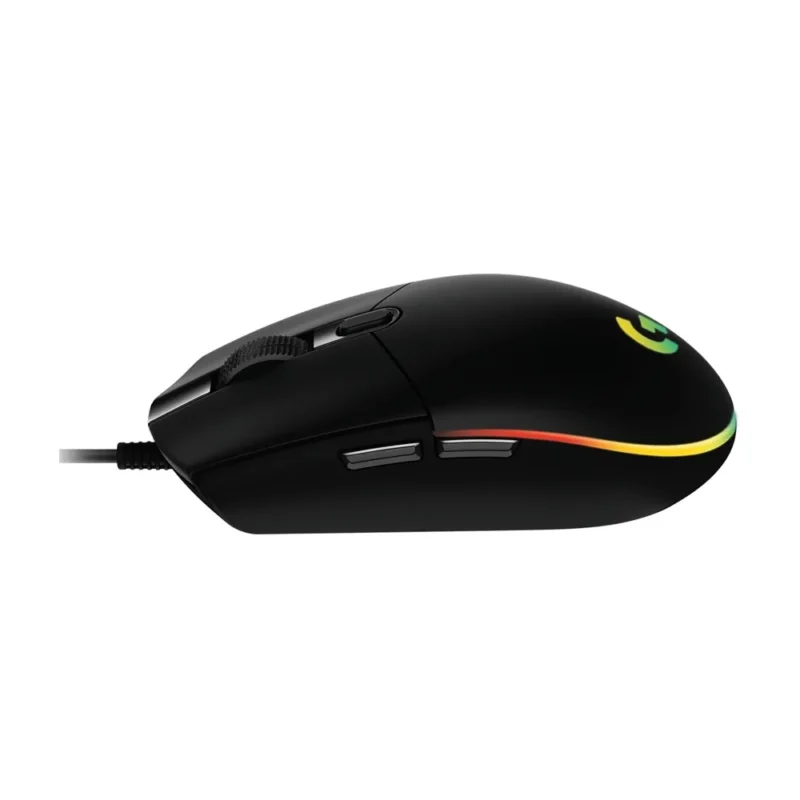 A straight-on view of the left side of the Logitech G203 LIGHTSYNC, detailing the placement of the tactile forward and back side buttons.