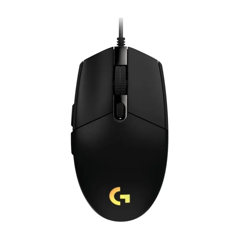 logitech-g203-lightsync-black-910-005796-top-view-01 A straight top-down view of the Logitech G203 LIGHTSYNC gaming mouse, showcasing its classic, symmetrical black shape.