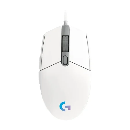 A straight top-down view of the Logitech G203 LIGHTSYNC gaming mouse, showcasing its classic, symmetrical white shape.