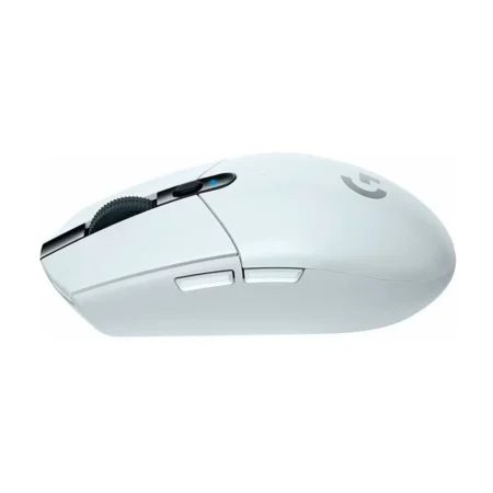 A straight-on view of the left side of the Logitech G304 LIGHTSPEED, detailing the placement of the tactile forward and back side buttons.