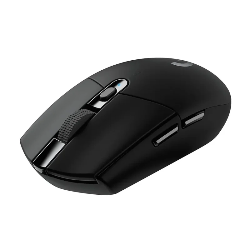 A dynamic shot from the front-left of the Logitech G305 LIGHTSPEED, focusing on the primary mechanical tensioned click buttons.