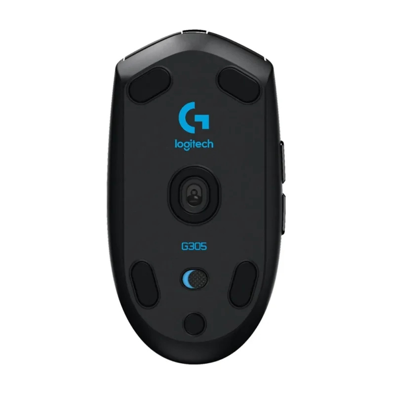 The underside of the Logitech G305 LIGHTSPEED, showing the 12,000 DPI HERO optical sensor, power switch, and smooth glide pads.