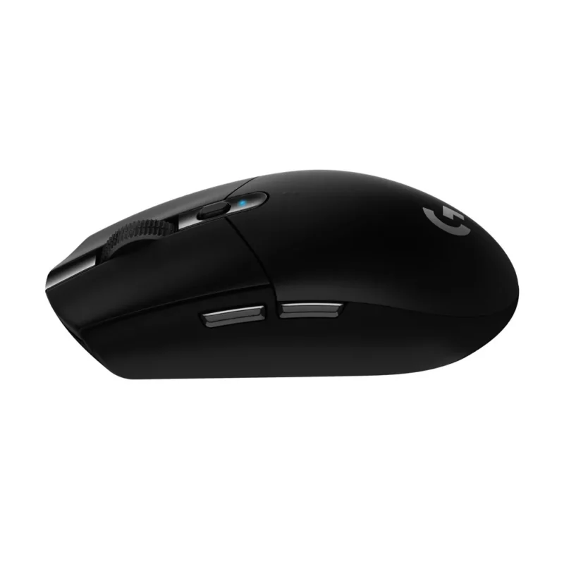 A straight-on view of the left side of the Logitech G305 LIGHTSPEED, detailing the placement of the tactile forward and back side buttons.