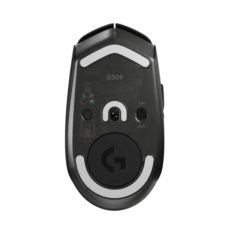 The underside of the Logitech G309 LIGHTSPEED, showing the 25,600 DPI HERO 25K sensor, wireless pairing buttons, and PTFE glide pads.