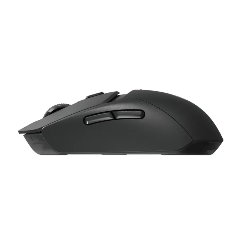 A straight-on view of the left side of the Logitech G309 LIGHTSPEED, detailing the placement of the tactile forward and back side buttons.