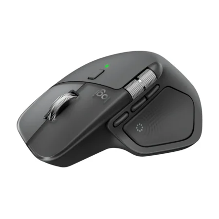 A dynamic shot from the front-left of the Logitech MX Master 4, focusing on the Quiet Click primary buttons and the Haptic Sense Panel.