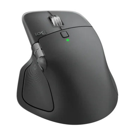 An angled view shot from behind to the left of the Logitech MX Master 4, showcasing the expansive thumb rest, horizontal thumb wheel, and side buttons.