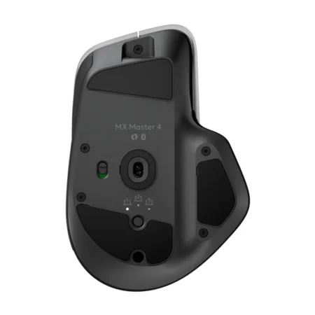 The underside of the Logitech MX Master 4, showing the 8K DPI Darkfield track-on-glass sensor and multi-device Easy-Switch button.