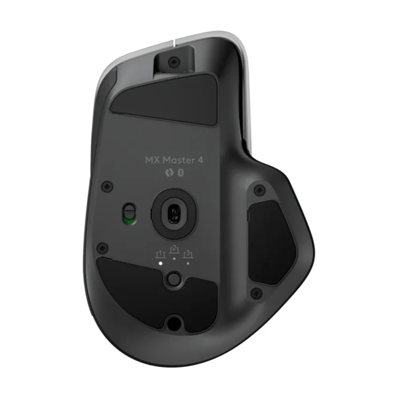 The underside of the Logitech MX Master 4, showing the 8K DPI Darkfield track-on-glass sensor and multi-device Easy-Switch button.