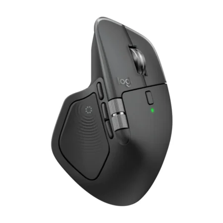 A clean top-down photograph of the Logitech MX Master 4, highlighting its premium matte Graphite finish and machined steel scroll wheel.