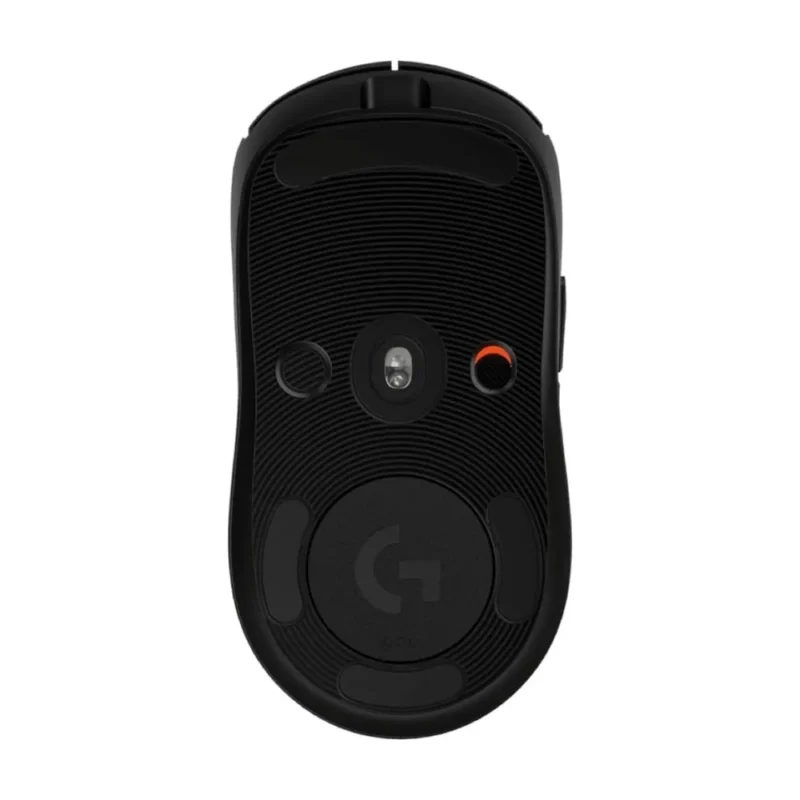 The underside of the Logitech PRO 2 LIGHTSPEED, showing the 44,000 DPI HERO 2 sensor, power switch, and smooth glide pads.