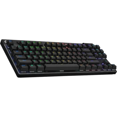 Hero shot of the Logitech PRO X TKL taken from the left, showcasing its sleek black frame.