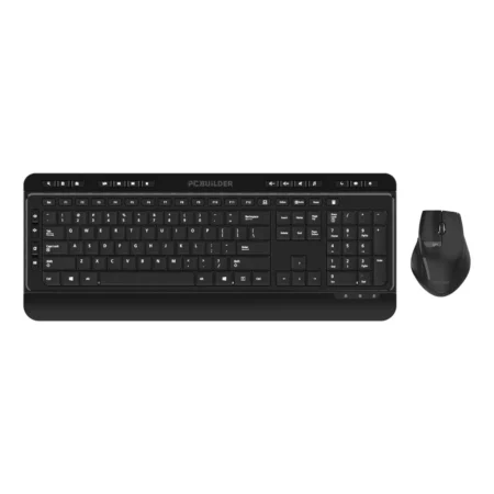 A straight top-down hero shot showing the full layout of the PCBuilder ALPHA Silent Wireless Combo in Black