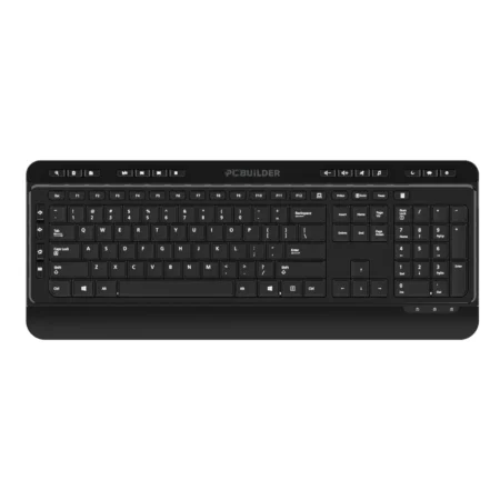 A straight top-down hero shot focusing on the full layout of the keyboard included in the PCBuilder ALPHA Silent Wireless Combo in Black