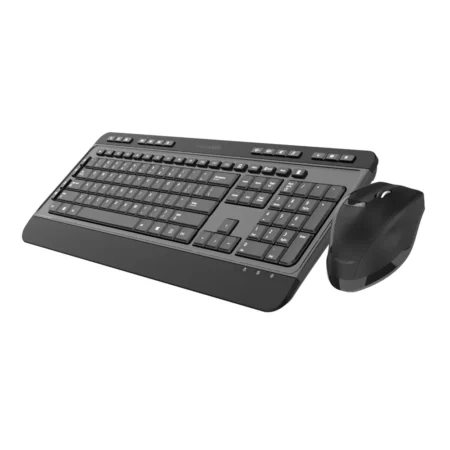 A dynamic right-angle shot capturing both the keyboard and mouse of the PCBuilder ALPHA Silent Wireless Combo in Black
