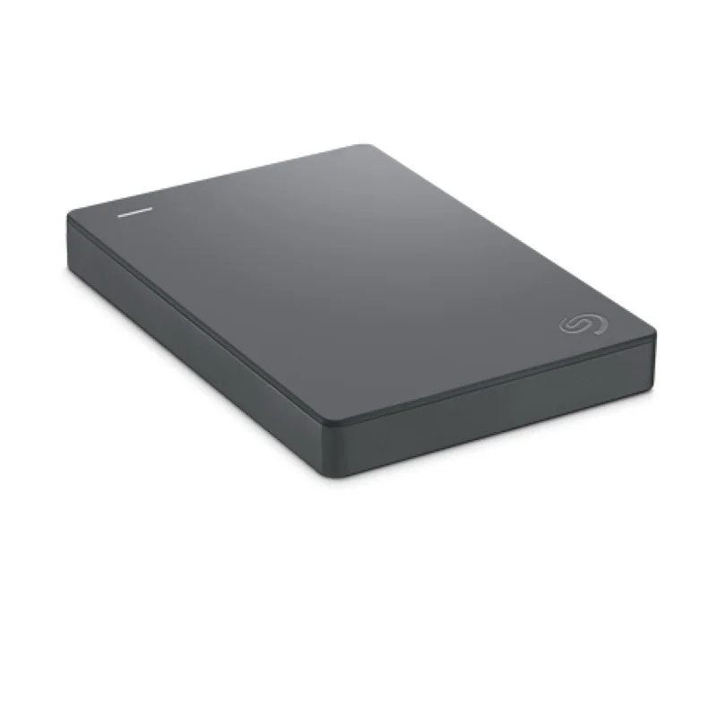 A flat lay shot of the Seagate Basic 2TB lying on a surface, angled to the right to display its front and side profile.