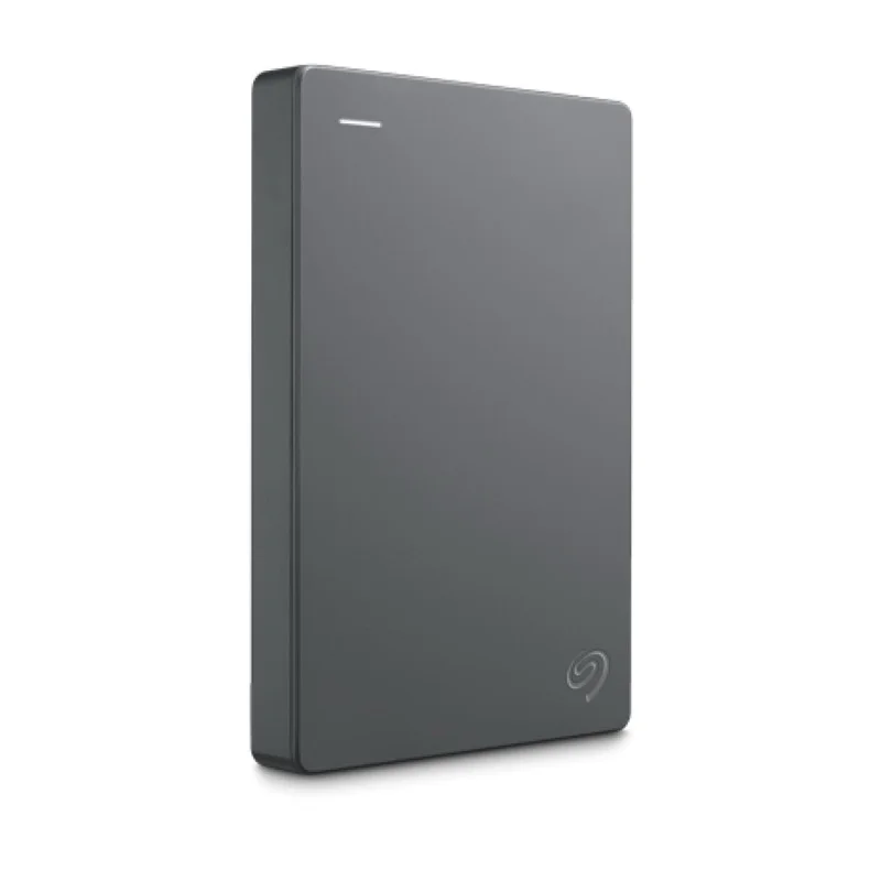A front-left angled view of the Seagate Basic 2TB, emphasizing the Seagate logo, front face, and left side.