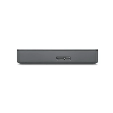 A straight-on macro view of the Seagate Basic 2TB, focusing on the Micro USB-B connection port.