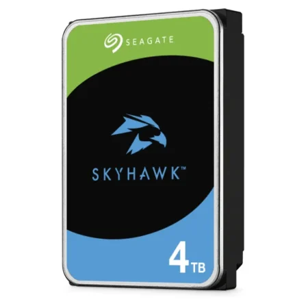 A slightly angled left-facing view of the Seagate SkyHawk 4TB standing upright, displaying the full front product label.