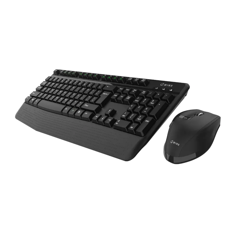 A dynamic right-angle shot capturing both the keyboard and mouse of the WINX DO Essential Wireless Keyboard & Mouse Combo in Black