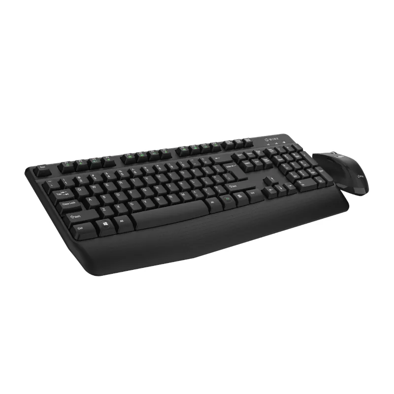 A dynamic left-angle shot capturing both the keyboard and mouse of the WINX DO Essential Wireless Keyboard & Mouse Combo in Black
